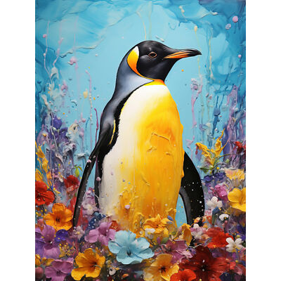 King Penguin in Colourful Floral Flowers Nest Colourful Art Canvas Print 18X24