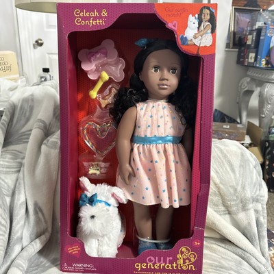 Our Generation Celeah & Confetti White Puppy Dog 18'' Doll matching outfits New