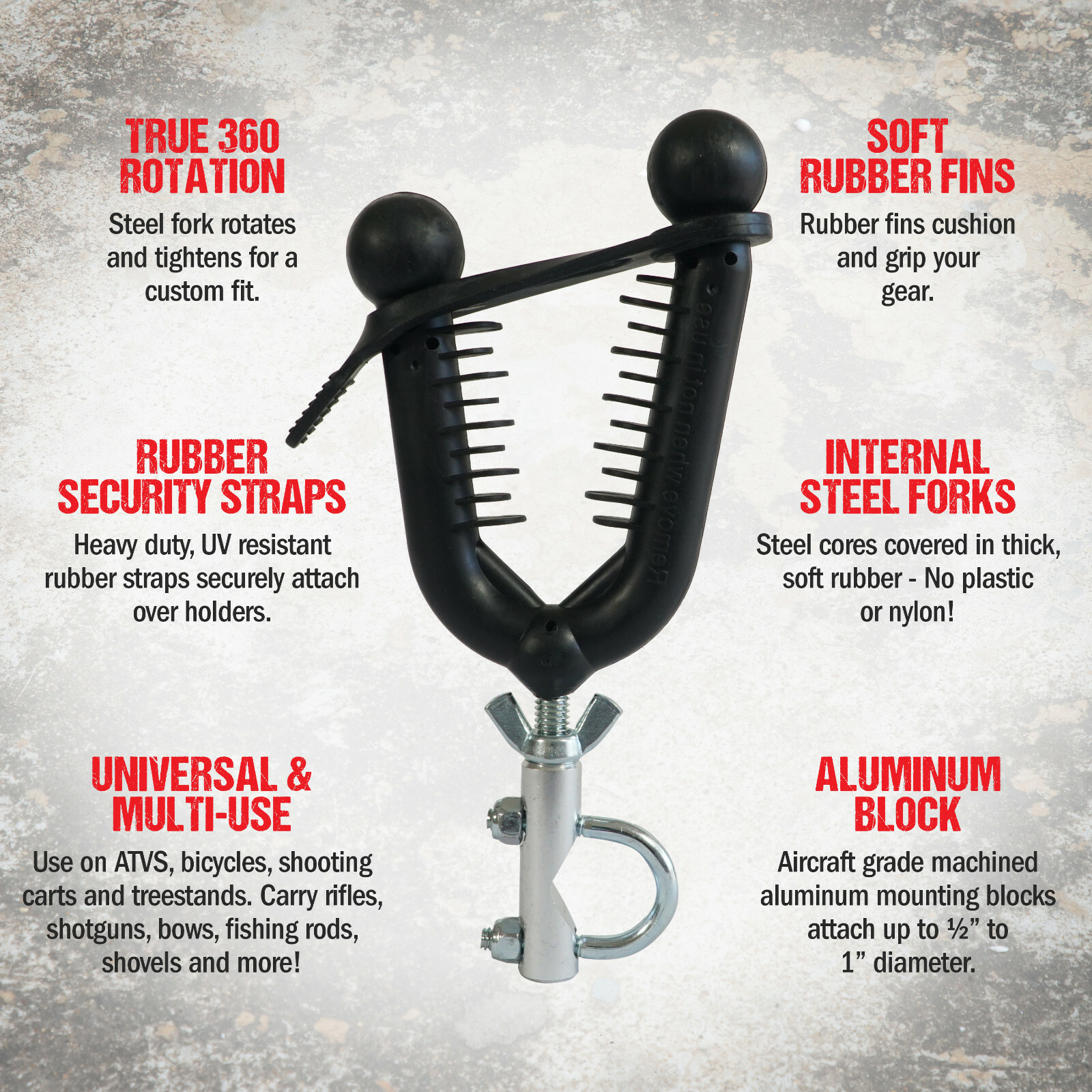 PACK RACK® PLUS, Model PRP1 - ATV Gun & Bow Rack with rubber FINS! FREE SHIPPING