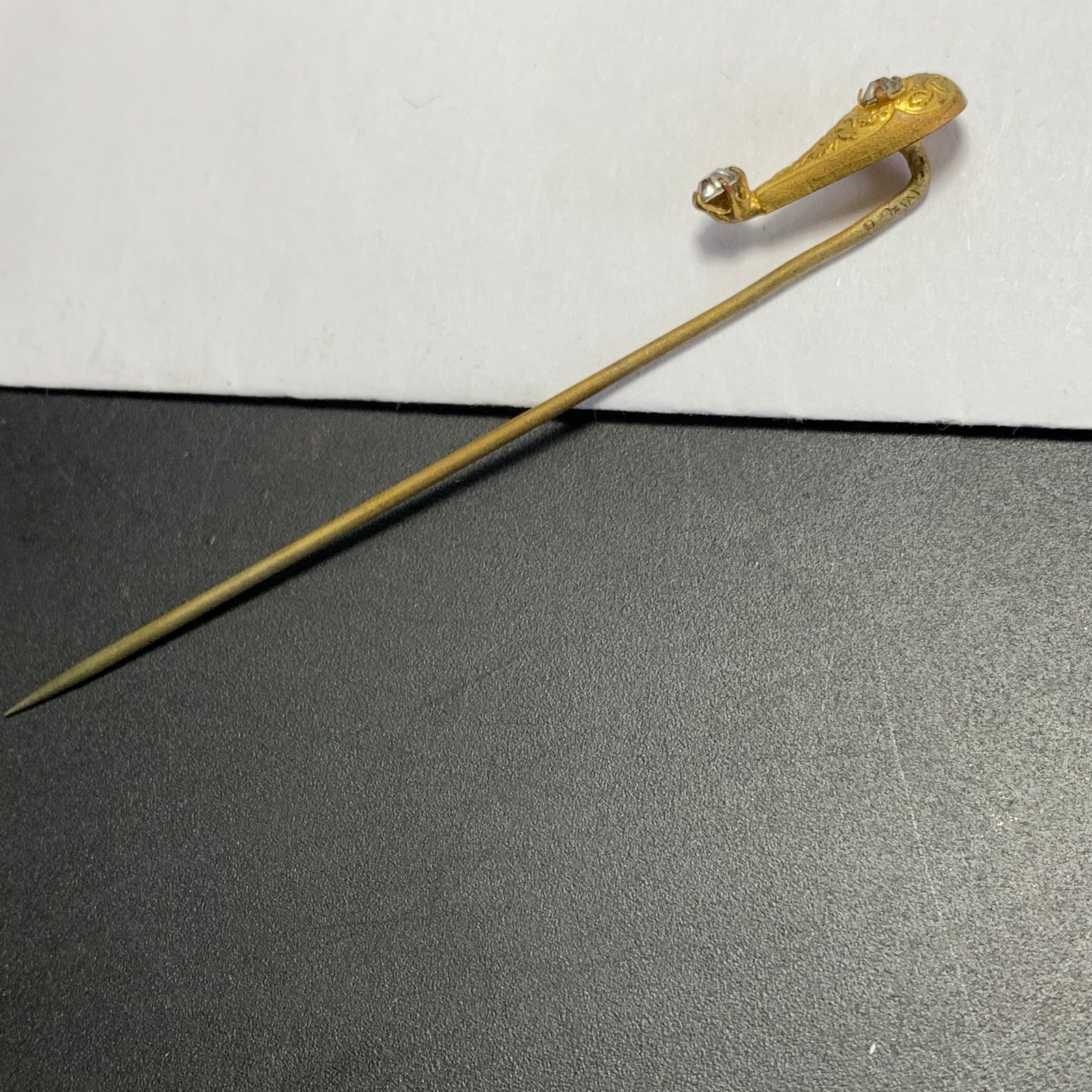 Antique Victorian Gold Plated Engraved  Paste rhinestones Stick Pin