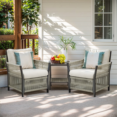 3PCS Rattan Furniture Set Chair Coffee Table Conversation Set Outdoor W/ Cushion