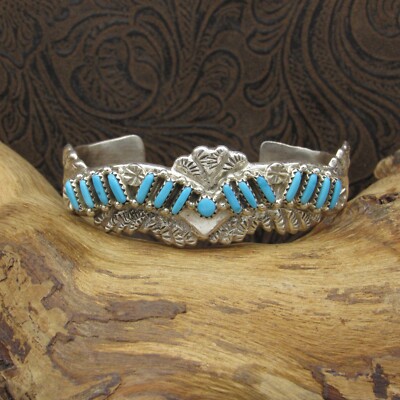 Sandcast Sterling Silver Zuni Needlepoint Turquoise Cuff