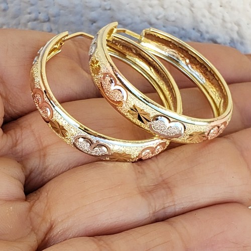 Pre-owned Pink Solid 14k Gold Hoop Earrings Hearts Yellow White Rose 1 Inch Long