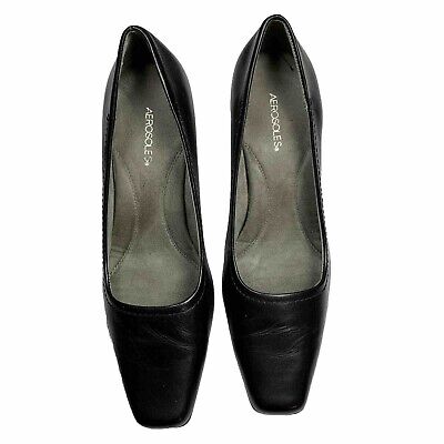 Aerosoles 'Envy' black leather square toe slip on pumps heels 6.5M