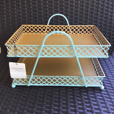 Cynthia Rowley Two Tier Green and Gold Wire Basket Trays New York