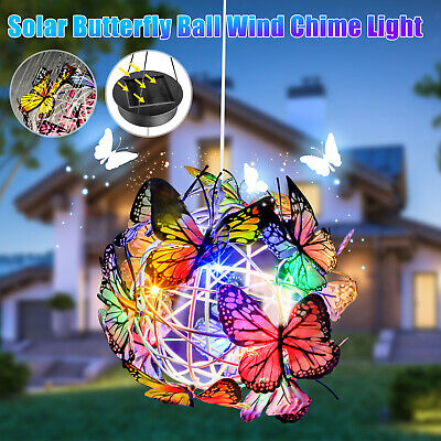 Solar Powered Hanging Butterfly Wind Chime Light Lantern Outdoor Lamp Waterproof