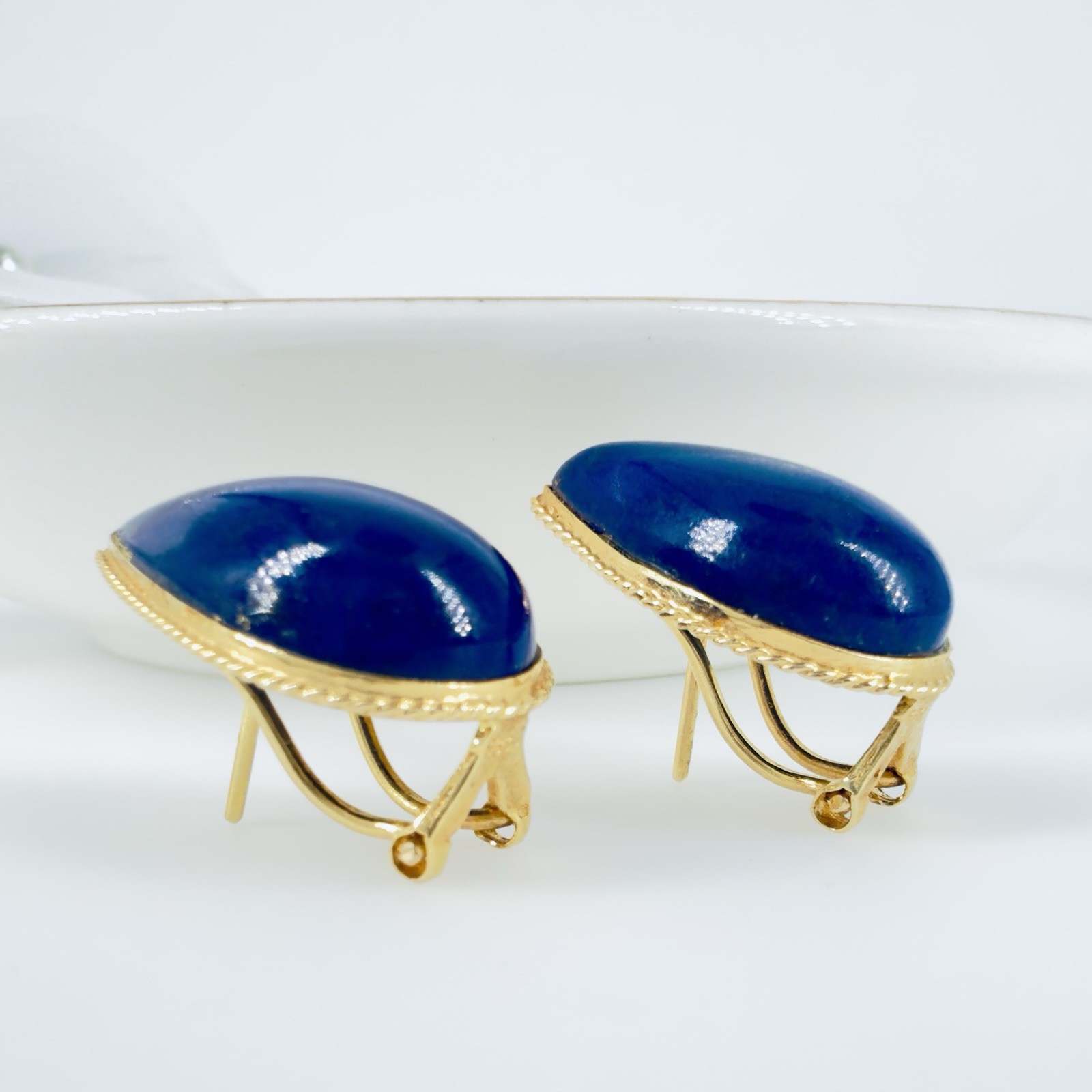 14k Yellow Gold Dark Blue Lapis Lazuli Omega Back Earrings, Preowned - Picture 4 of 13