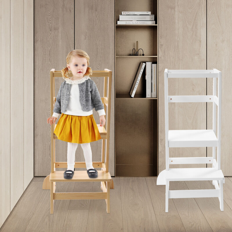 Kitchen Kid Step Ladder Stool Toddler Learning Tower Safety Helper Natural/White