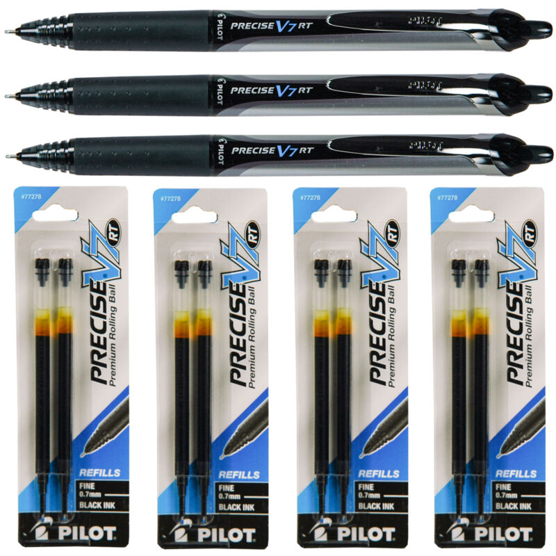 Pilot Precise V7 RT, 3 Pens With 4 Packs of Refills, Black Ink, 0.7mm Fine Point