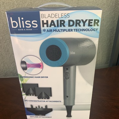 BLISS BLADELESS SUPERSONIC HAIR DRYER W/Diffuser Attachments SWIVEL POWER CORD