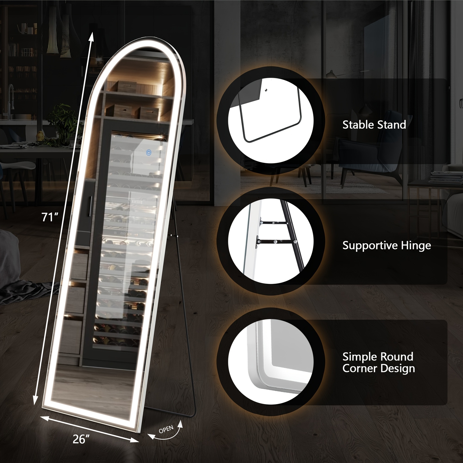LED Full Length Standing Mirror Arched/Rectangle 3 Color Lights. Hang/Lean.