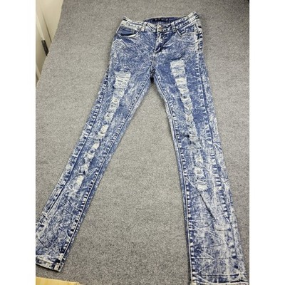 B&G Brand Acid Wash Distressed Skinny Jeans Blue White Shredded Denim Womens 7