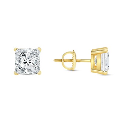 Pre-owned Shine Brite With A Diamond 5 Ct Princess Cut Earrings Studs Real Solid 18k Yellow Gold Screw Back Basket In White/colorless