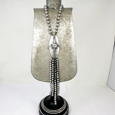 ALEXIS BITTAR CROSS Crystal Baguette Lucite Gray Faux Pearl Silver Necklace
