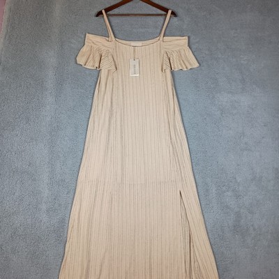 Moon River Anthropologie Maxi Dress Womens Medium Beige Cold Shoulder Beachy NWT