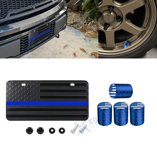 American Flag Front License Plate Valve Stem Cap Cover Patriotic Universal Blue