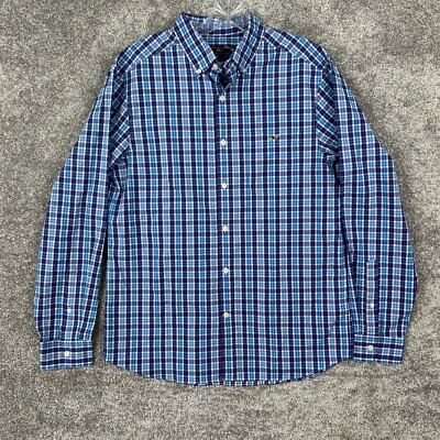 Vineyard Vines Classic Fit Long Sleeve Tattersall Poplin Shirt Men M Blue Plaid