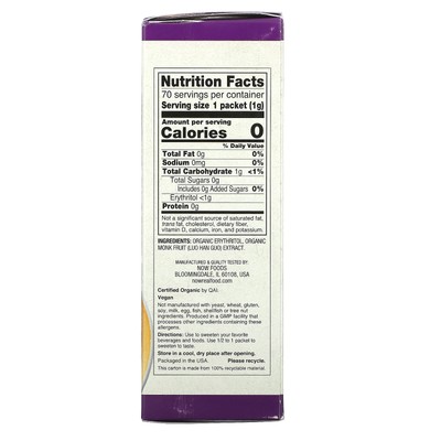 Real Food, Organic Monk Fruit Zero-Calorie Sweetener,  70 Packets, 2.47 oz (70