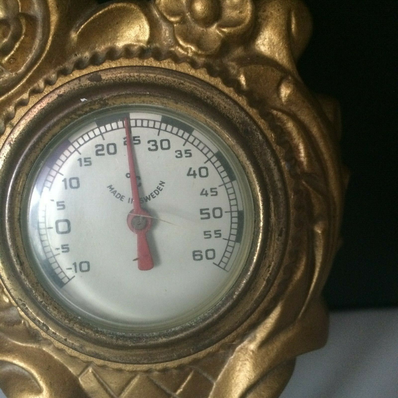 Vintage 50s-60s Swedish Ornate Rokoko Gold Metal Celsius Thermometer Wall Hangin