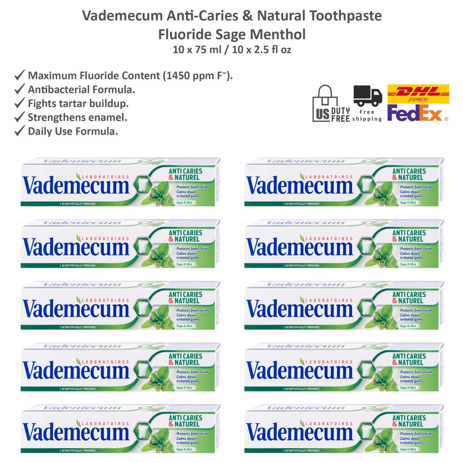 Vademecum Anti-Caries & Natural Toothpaste Fluoride Sage Menthol 10x75ml
