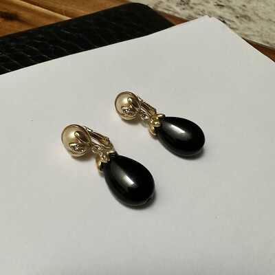 Avon - Clip-on Clip On Earrings Dangle Drop Black Beaded / Faux Pearl