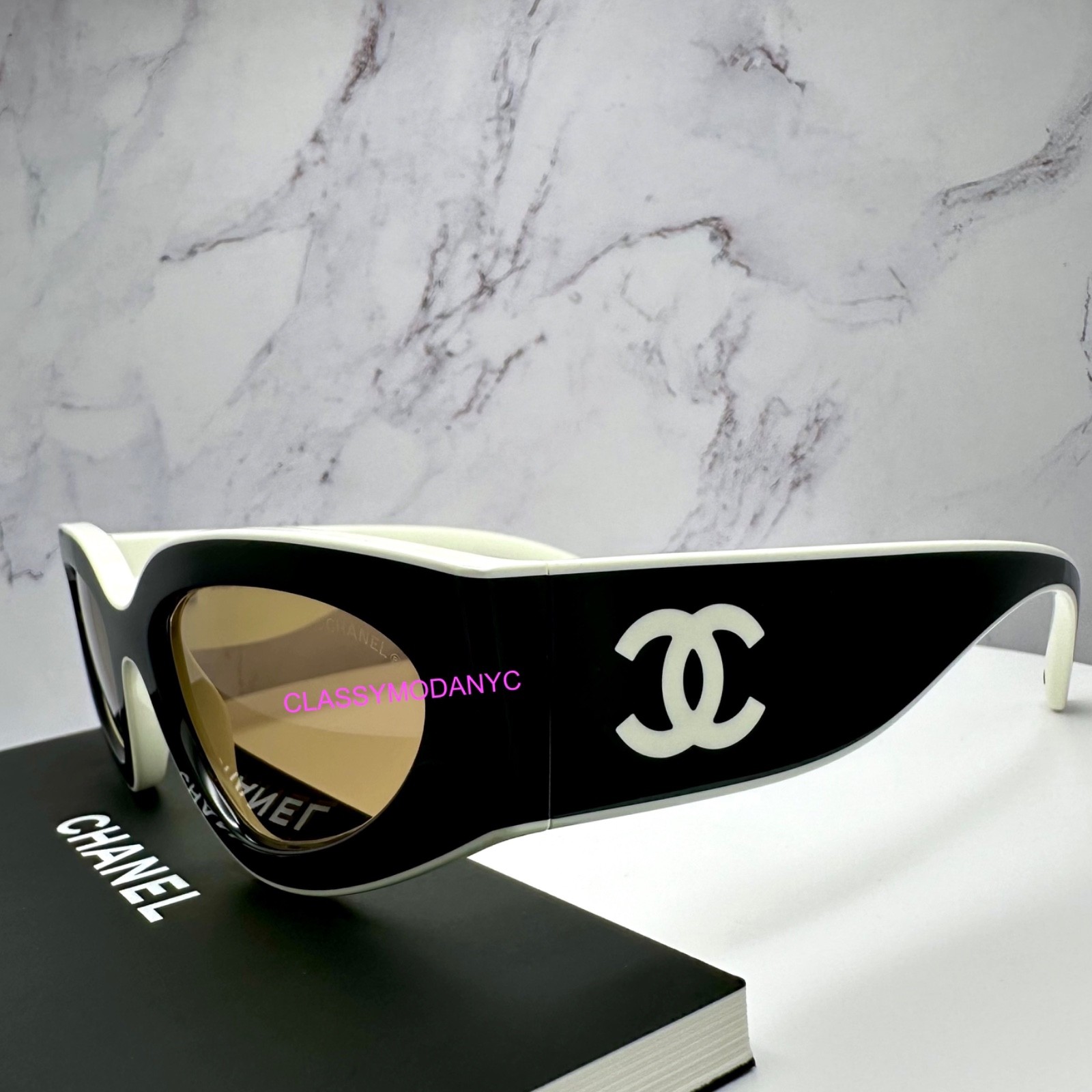 New CHANEL Sunglasses 6056 Black White Cat Eye Two Tone