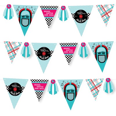 50's Sock Hop DIY 1950s Rock N Roll Party Decoration Triangle Banner 30 Pc