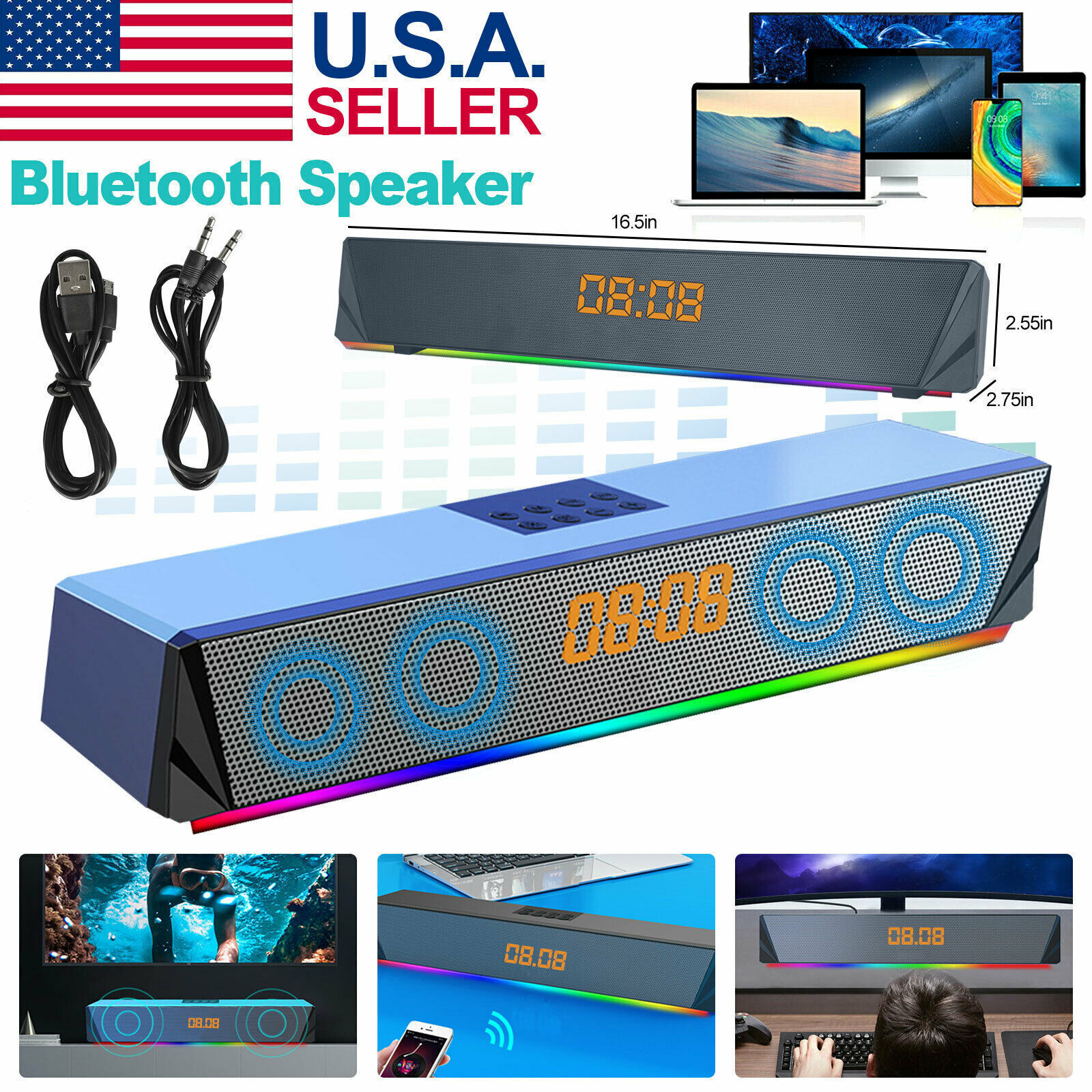 Wireless Bluetooth Alarm Clock Speaker Loudspeaker Home Gaming RGB Audio