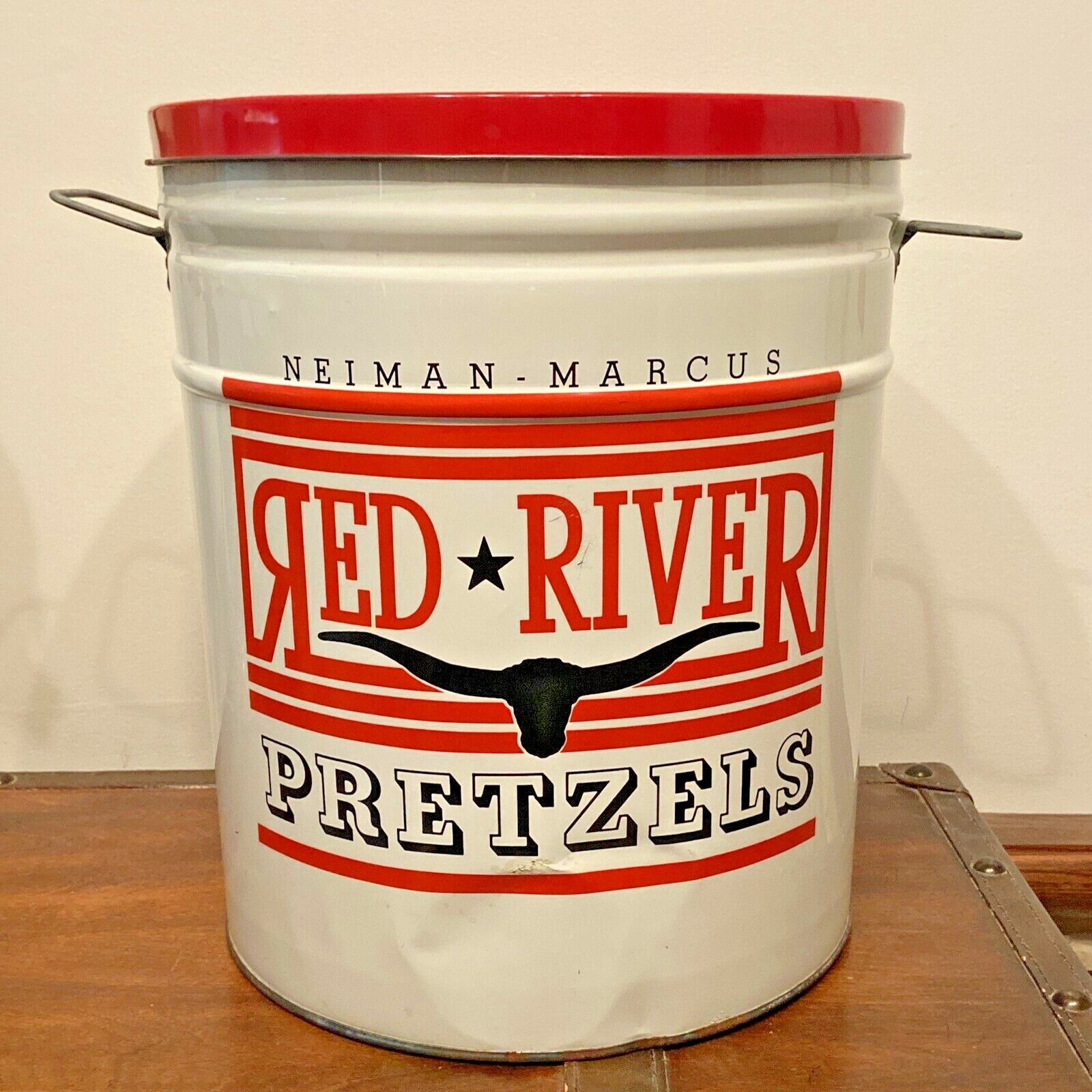 Vintage Neiman Marcus Red River Pretzels Tin Can XL Advertisement
