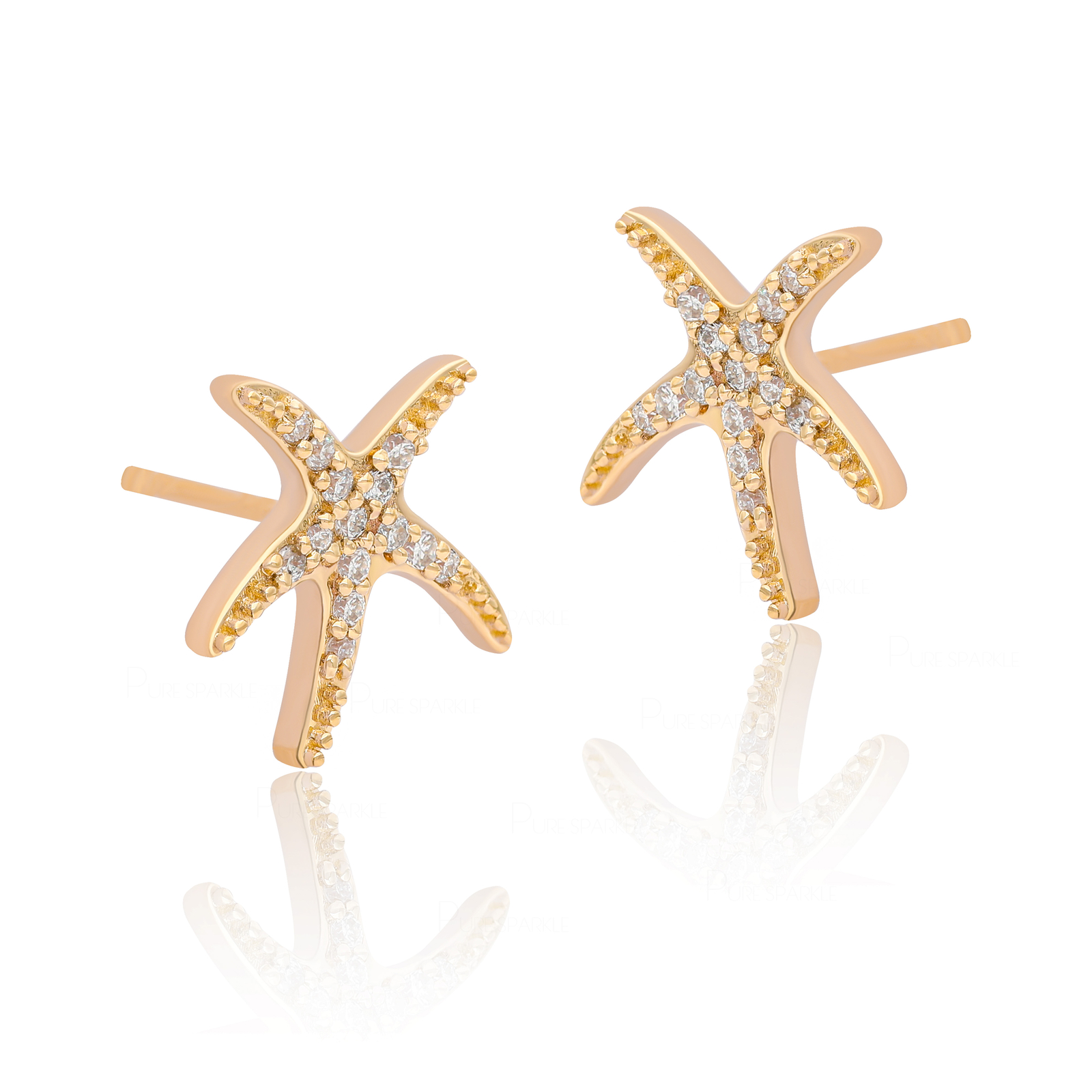 14K Gold 0.16 Ct. Diamond Starfish Earrings Handmade Celestial Jewelry-For Gift