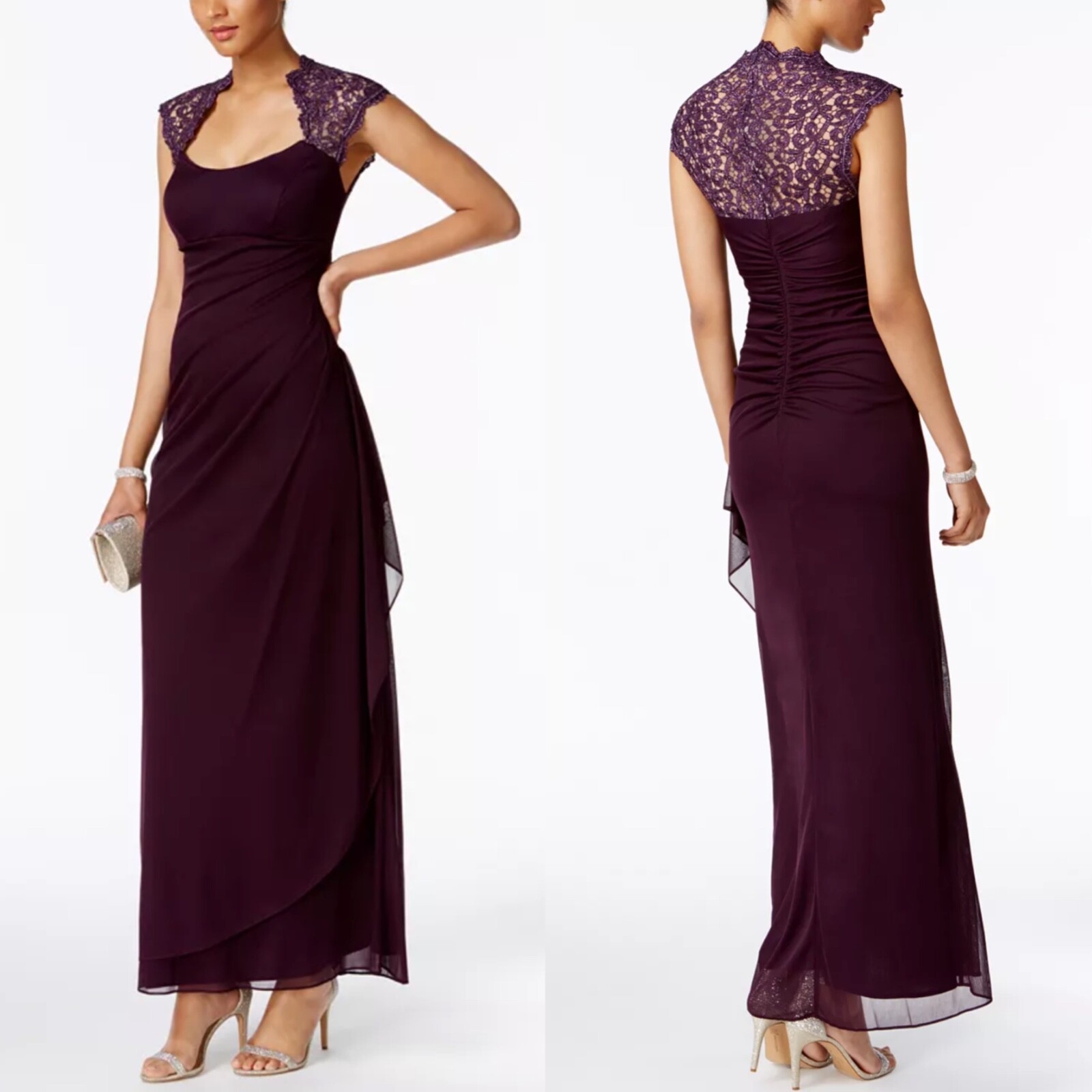 NEW X By XSCAPE Plum Purple STAND-COLLAR Illusion LACE Back