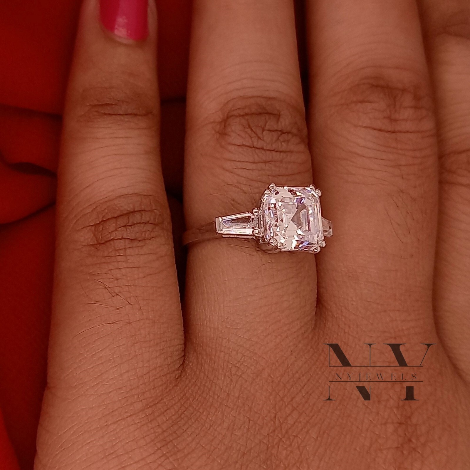 Solid 14K White Gold 3 Carat Asscher Cut Moissanite Solitaire Engagement Ring