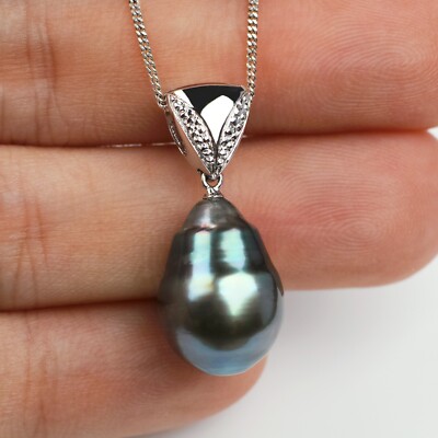 12.2×17mm Peacock Tahitian Saltwater Pearl Pendant Sterling Silver, 1.08''