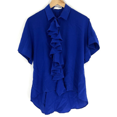 Anne Fontaine Top Size 38 Womens Blue Silk Molene Ruffle Front Button Up Blouse