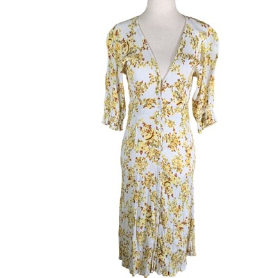 Faithfull The Brand Womens Floral Midi Dress With 3/4 Sleeves & Waist Tie Size 4