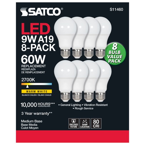 8 Pack Satco LED 120V 9W =60W Watt Equivalent A19 Medium E26 2700K Warm White