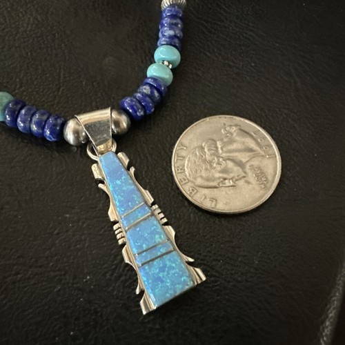 Pre-owned Handmade Mens Blue Turquoise Lapis Opal Pendant Navajo Sterling Silver Necklace 20" 17896