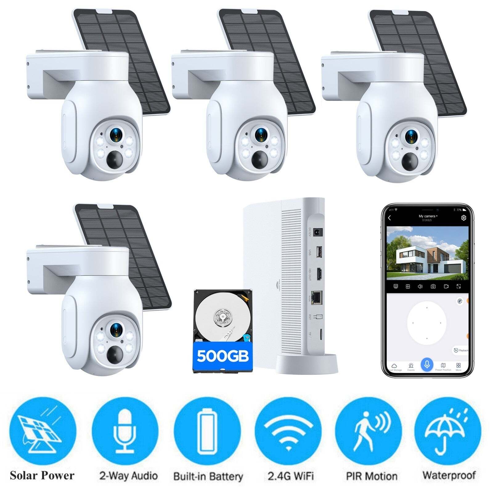 4MP Wireless Security Camera System CCTV Outdoor Solar PTZ Wifi 10CH NVR+500GB