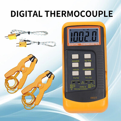 Dual Channel K-Type Digital Thermocouple Thermometer 6802 II with 2 Pipe ClampWJ