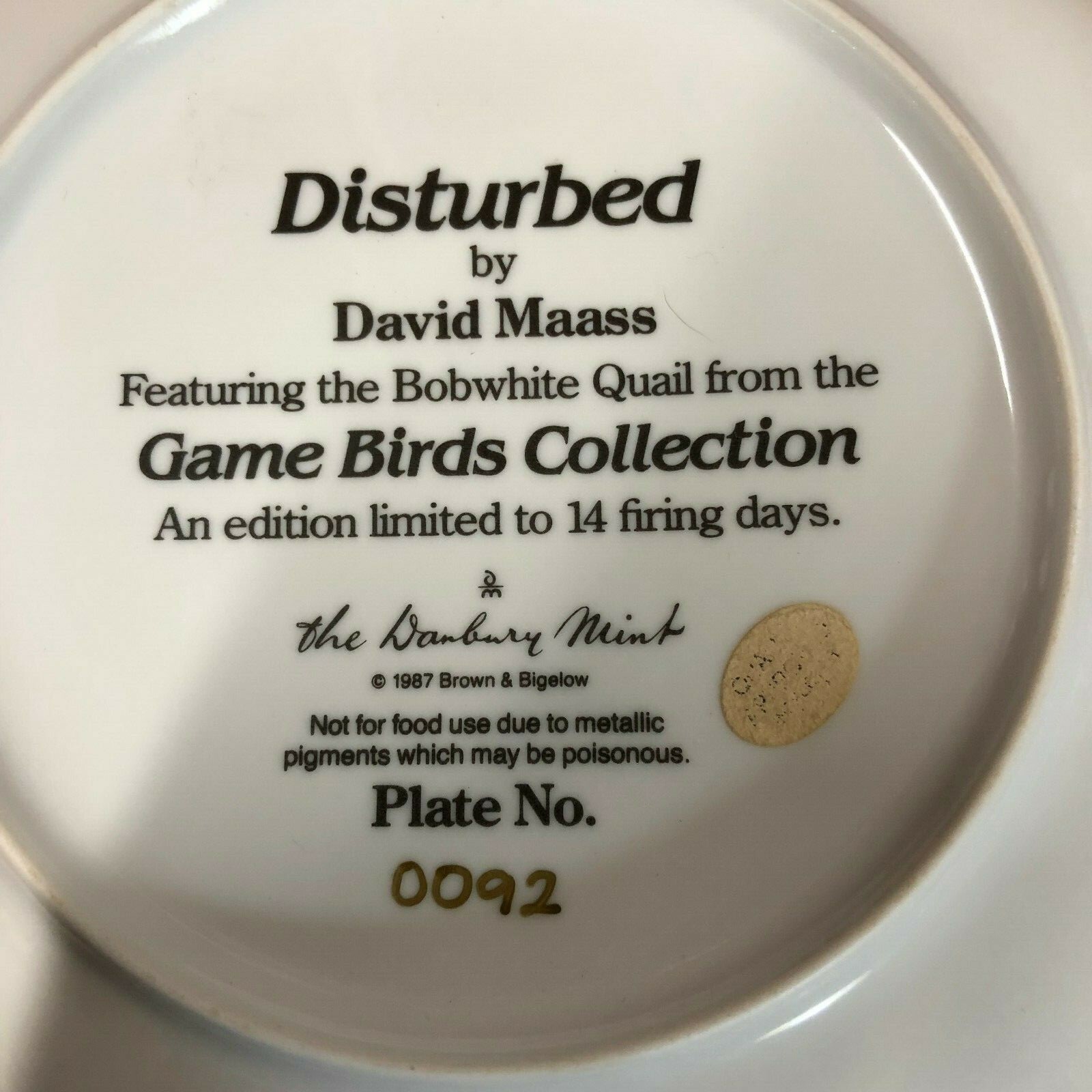 Disturbed  by David Maass Decorator Plate~Game Bird Collection~ Plate # 0092