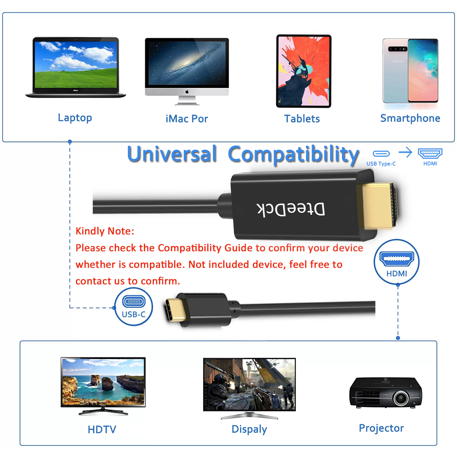 6FT USB-C to HDMI Cable,MHL Type C USBC to HDMI converter for MacBook Pro/iMac A