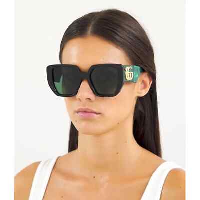 Pre-owned Gucci Sunglasses Gg0956s 001 Black Gold Green Lens Square Woman Large