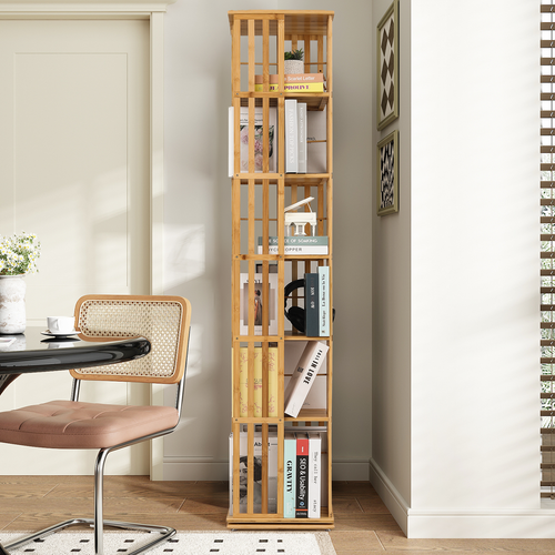 Natural Bamboo [ROTATABLE BOOKSHELF] 6 Tiers Open Shelving Magazine Storage Rack