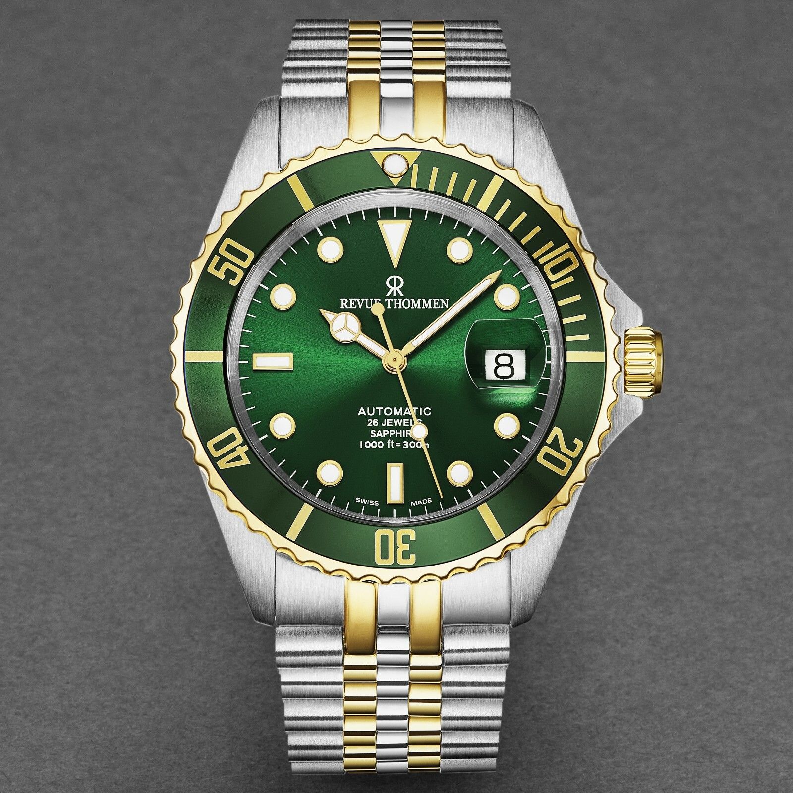 Pre-owned Revue Thommen Men's Diver Green Dial Two Tone Automatic Watch 17571.2244