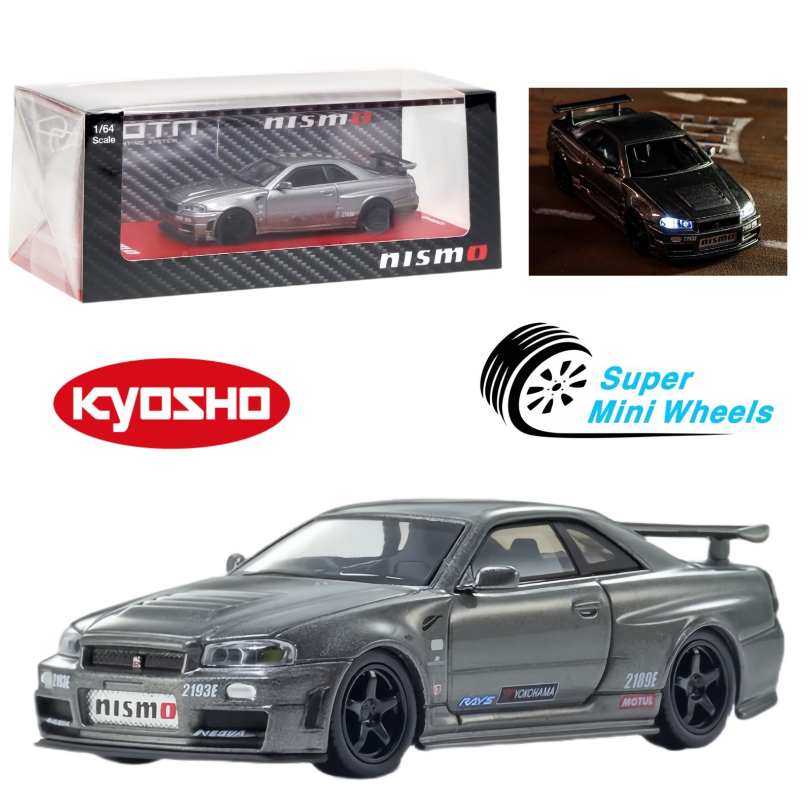 Kyosho 1:64 Nissan Nismo GTR R34 CRS Version Gray MOTN LED