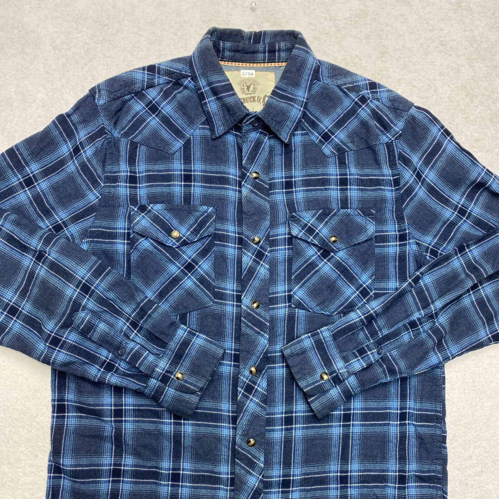 Roebuck & Co Flannel Shirt Men's M Blue Plaid Pearl Snap Roebuck & Co Flannel Shirt Men's M Blue Plaid Pearl Snap