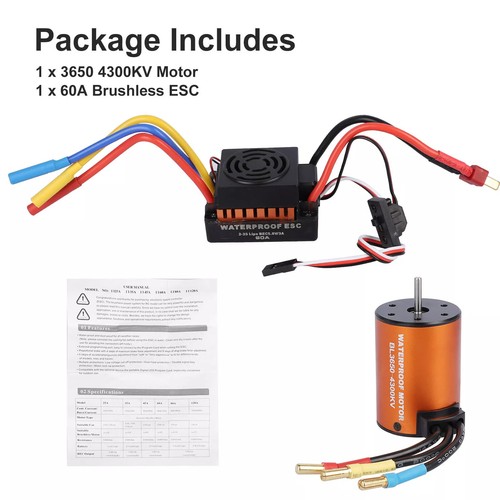 Brushless Motor Waterproof 3650 4300KV Upgrade w/ 60A ESC Combo for 1:10 RC Car
