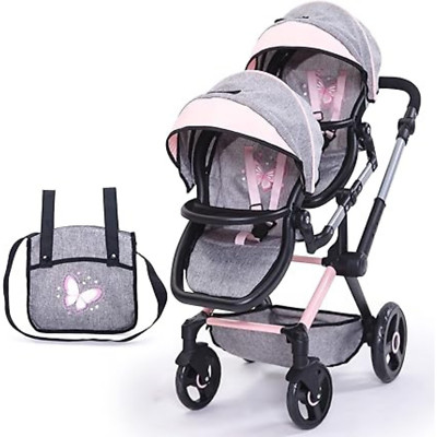 Bayer Design Dolls: Xeo Twin Pram - Butterfly Grey & Pink - Matching Handbag