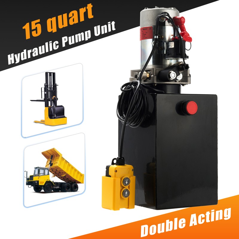 Double Acting Hydraulic Pump 15 Quart 12v Dc Dump Trailer Metal Reservoir