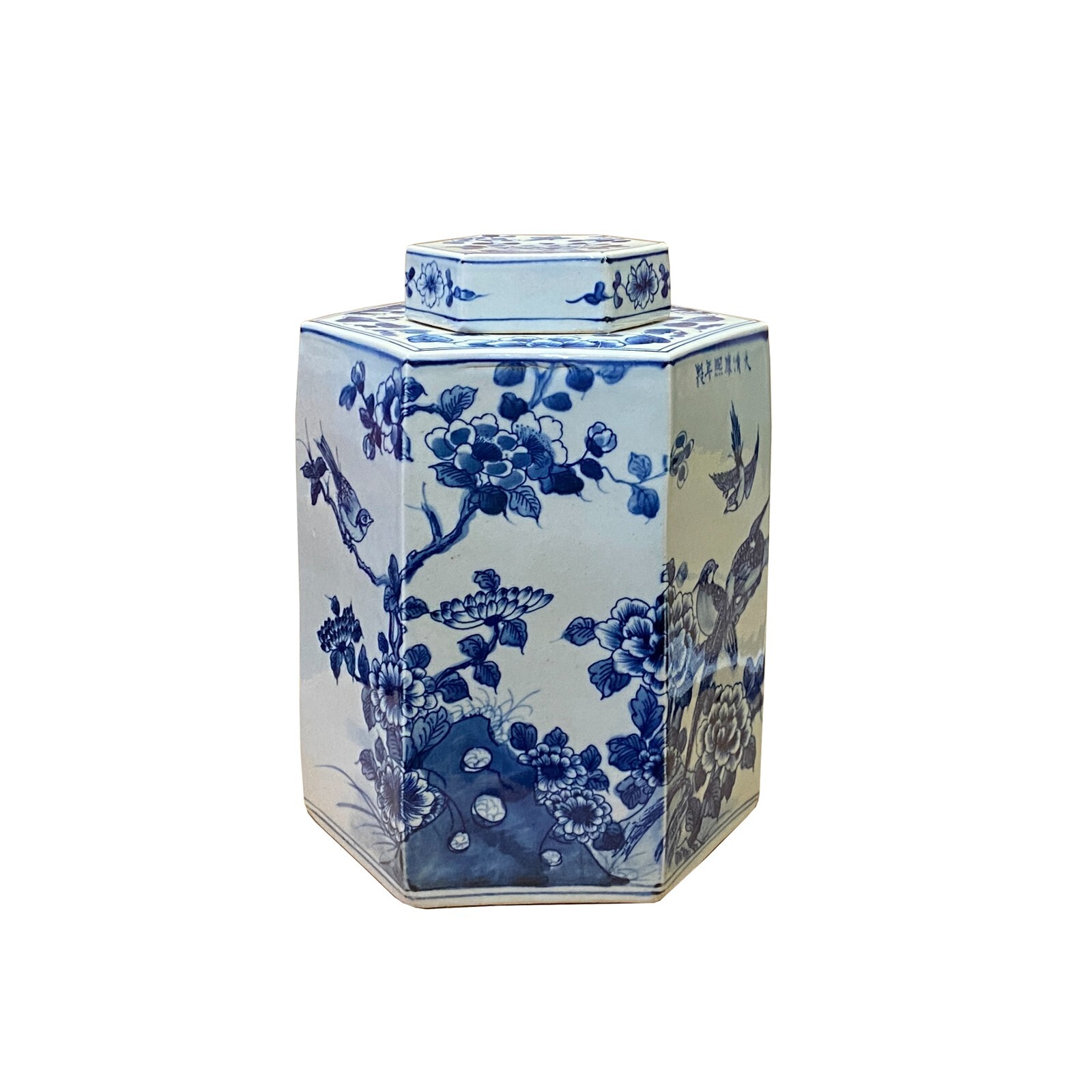 Chinese Blue & White Porcelain Flower Birds Scenery Hexagon Jar Container ws2730S Chinese Blue & White Porcelain Flower Birds Scenery Hexagon Jar Container ws2730S